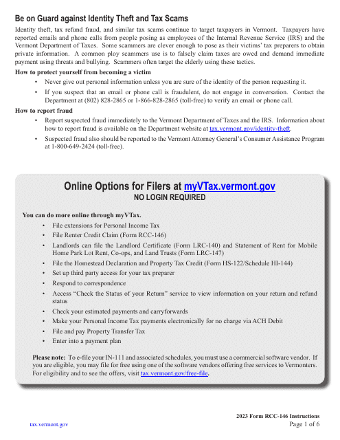 Instructions for Form RCC-146 Vermont Renter Credit Claim - Vermont, 2023