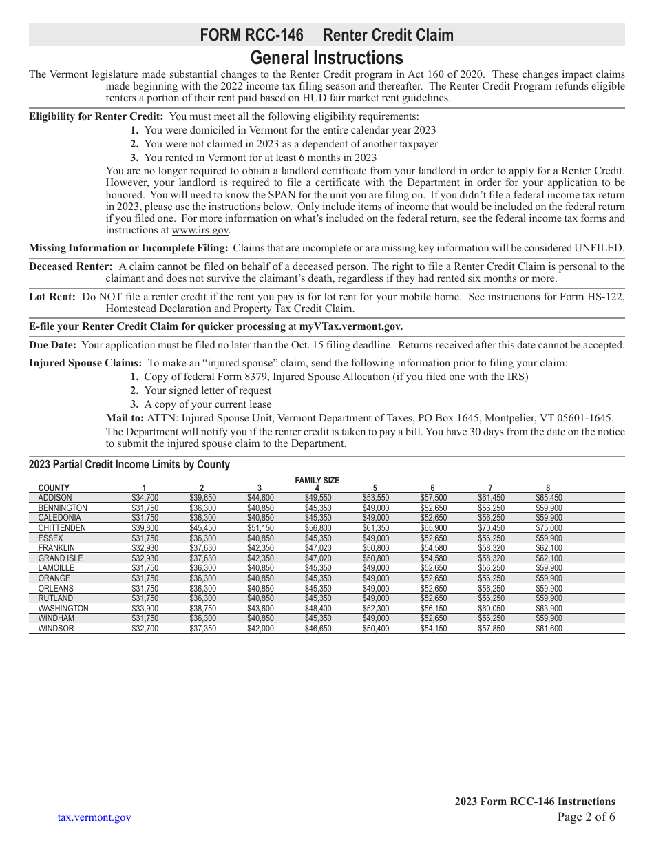 Instructions for Form RCC-146 Vermont Renter Credit Claim - Vermont, Page 2
