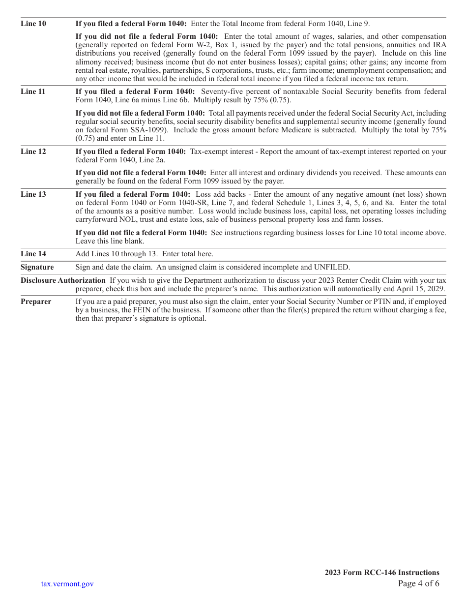 Instructions for Form RCC-146 Vermont Renter Credit Claim - Vermont, Page 4