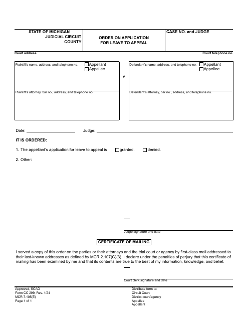 Form CC299 Order on Application for Leave to Appeal - Michigan