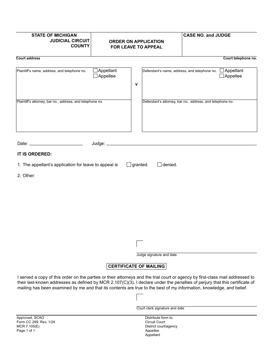 Form CC299 Order on Application for Leave to Appeal - Michigan, Page 1