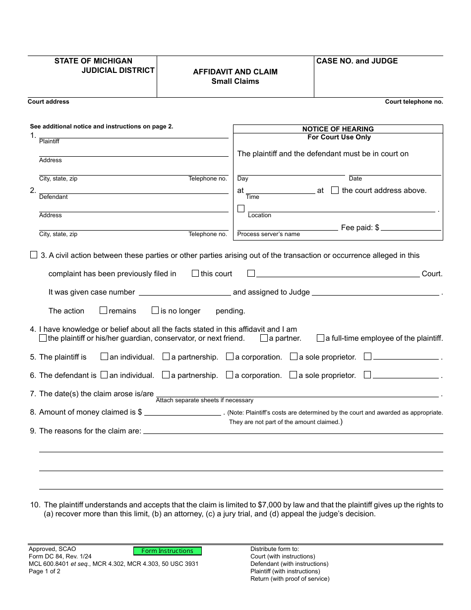 Form DC84 Affidavit and Claim - Small Claims - Michigan, Page 1