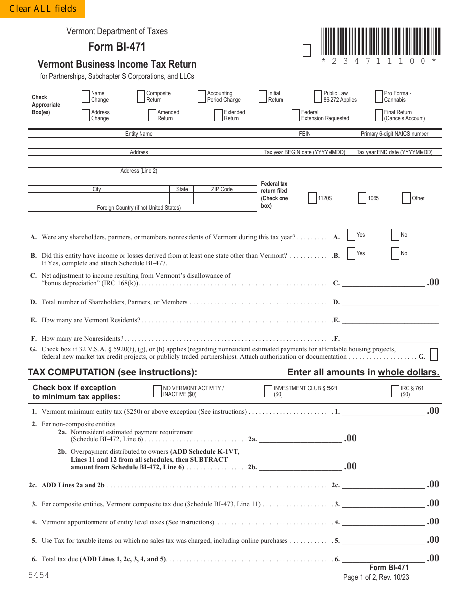 Form BI-471 Vermont Business Income Tax Return for Partnerships, Subchapter S Corporations, and Llcs - Vermont, Page 1