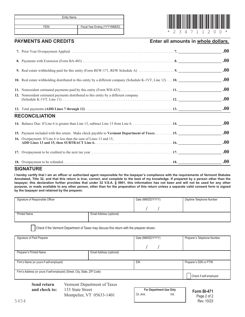 Form BI-471 Vermont Business Income Tax Return for Partnerships, Subchapter S Corporations, and Llcs - Vermont, Page 2