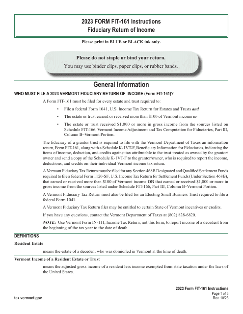Instructions for Form FIT-161 Vermont Fiduciary Return of Income - Vermont, 2023