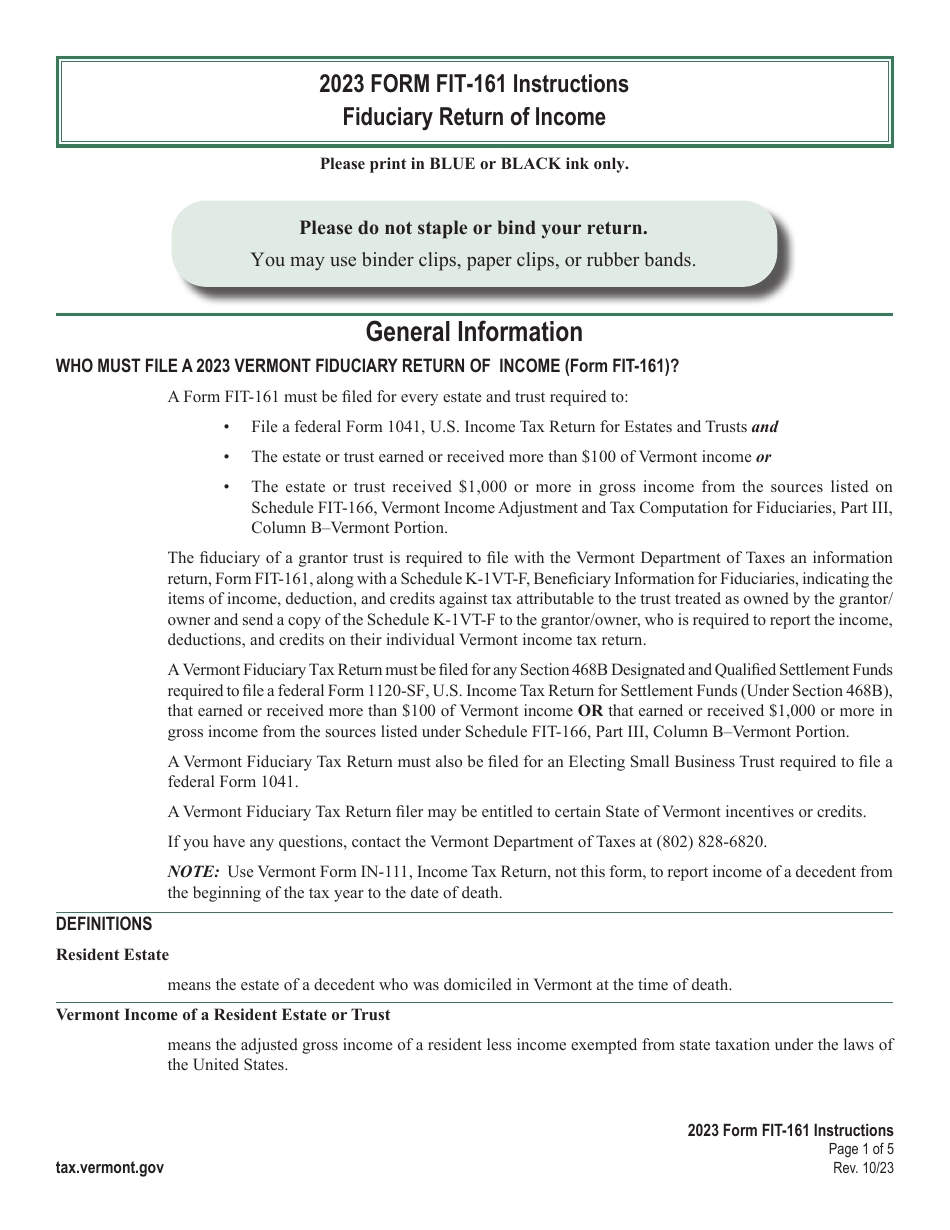 Instructions for Form FIT-161 Vermont Fiduciary Return of Income - Vermont, Page 1