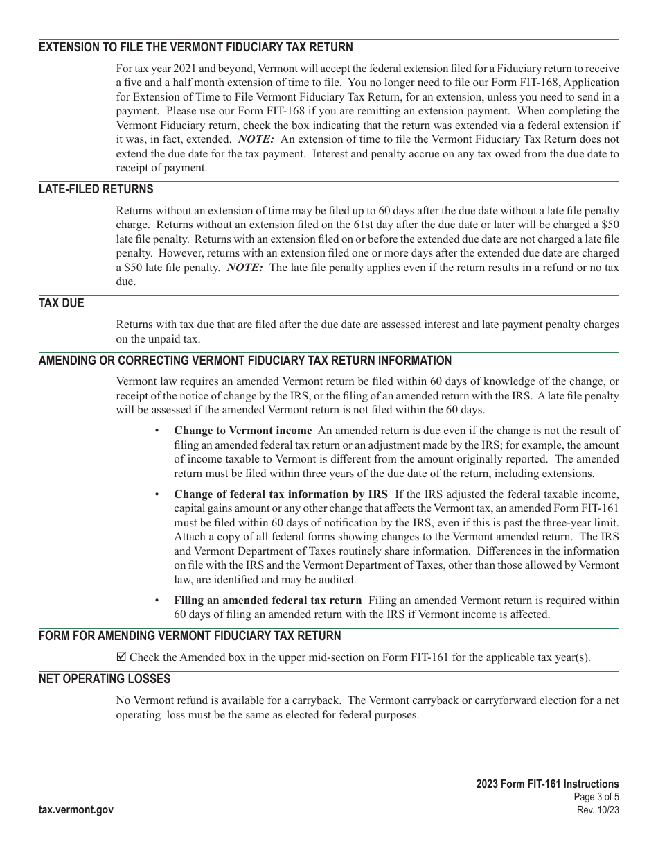 Instructions for Form FIT-161 Vermont Fiduciary Return of Income - Vermont, Page 3