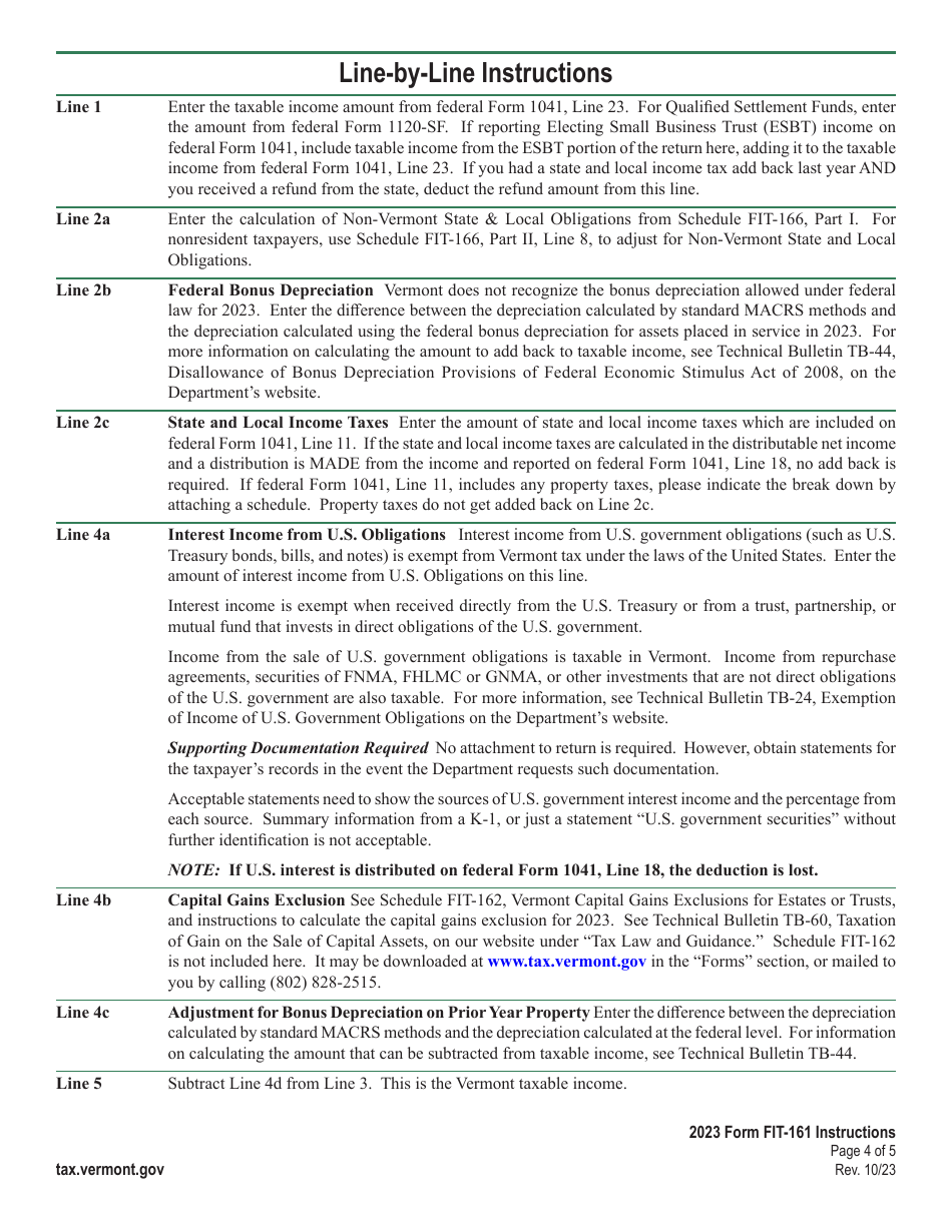Instructions for Form FIT-161 Vermont Fiduciary Return of Income - Vermont, Page 4