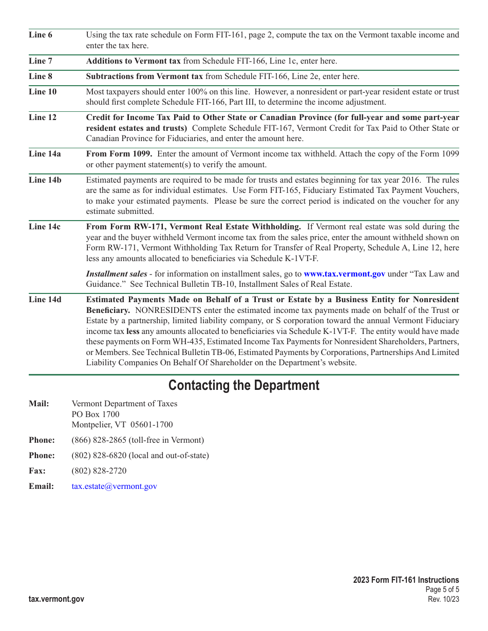 Instructions for Form FIT-161 Vermont Fiduciary Return of Income - Vermont, Page 5