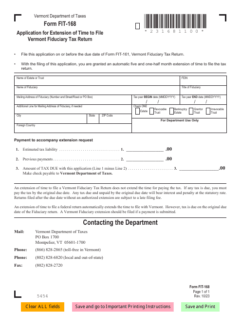 Form FIT-168 Application for Extension of Time to File Vermont Fiduciary Tax Return - Vermont