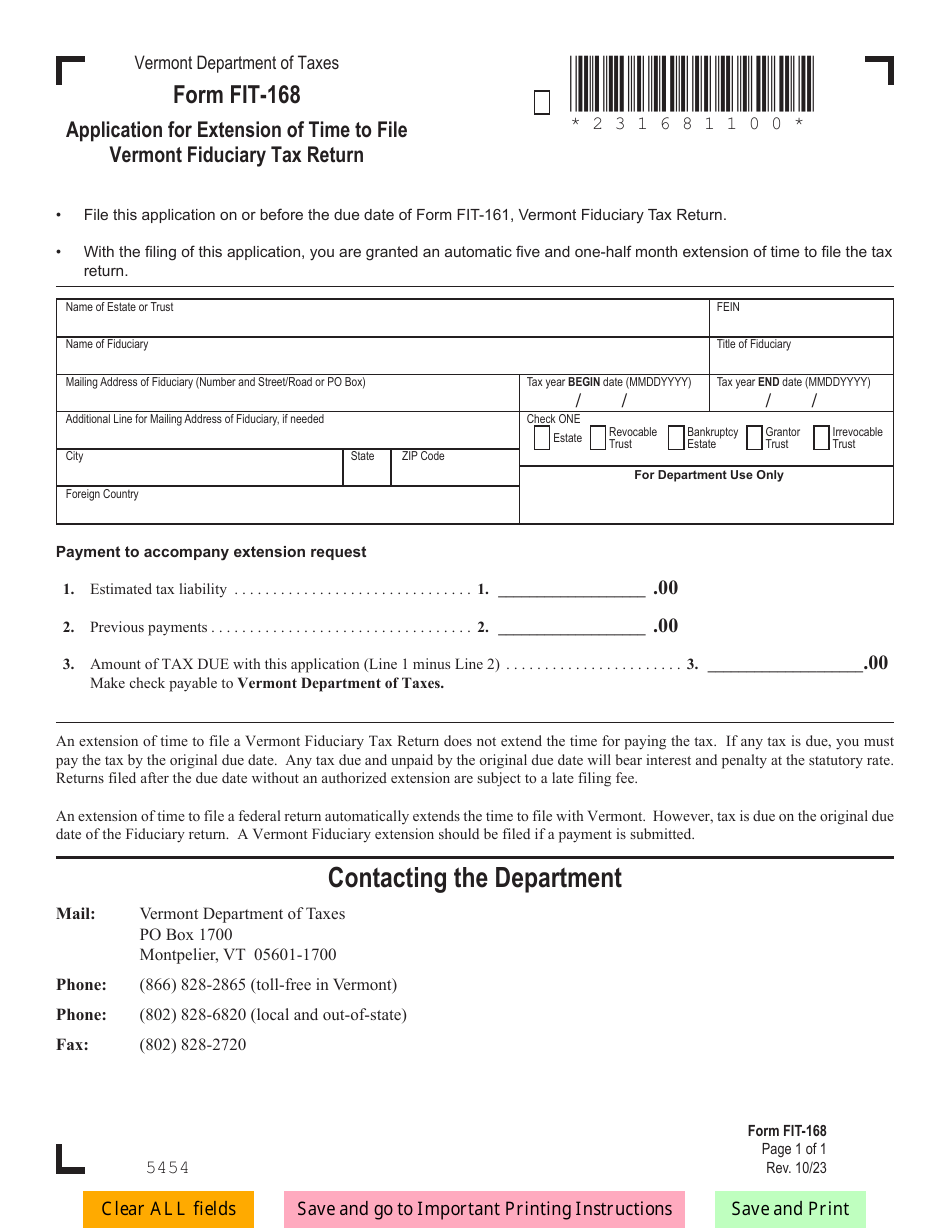 Form FIT-168 Application for Extension of Time to File Vermont Fiduciary Tax Return - Vermont, Page 1