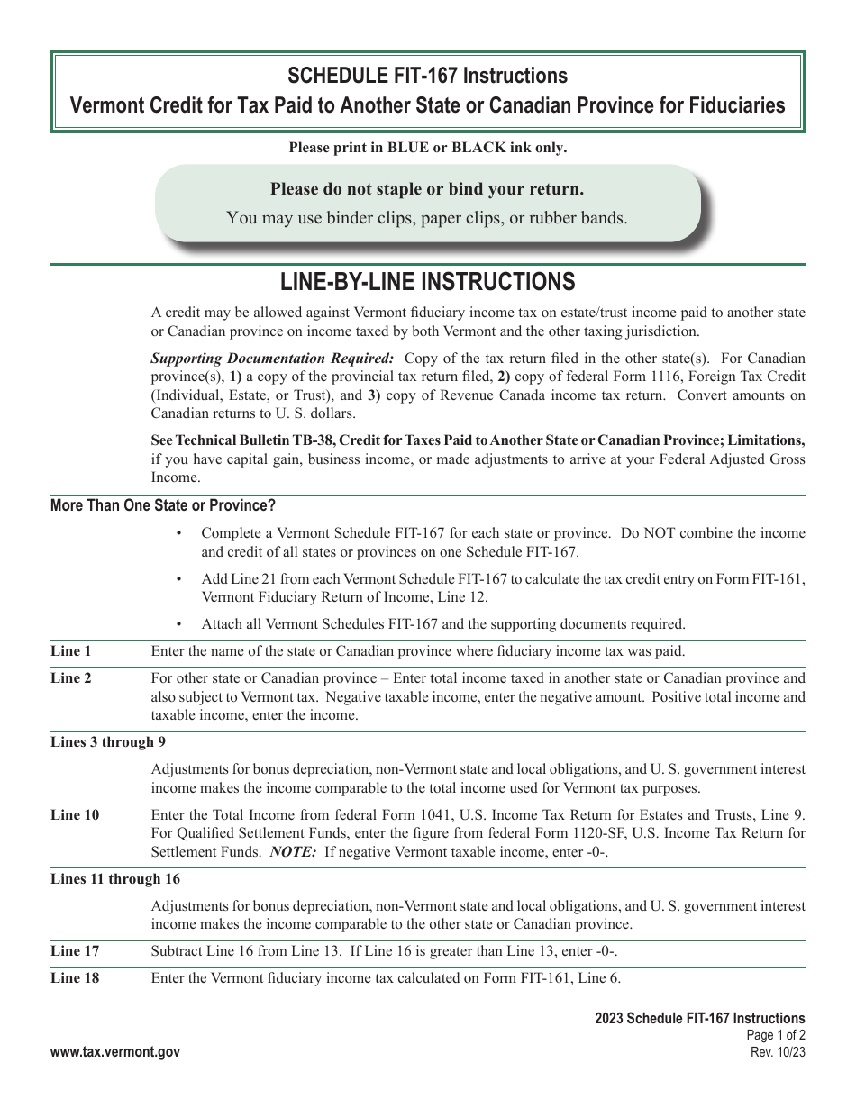 Instructions for Schedule FIT-167 Vermont Credit for Tax Paid to Another State or Canadian Province for Fiduciaries - Vermont, Page 1