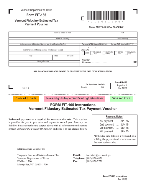 Form FIT-165 Vermont Fiduciary Estimated Tax Payment Voucher - Vermont