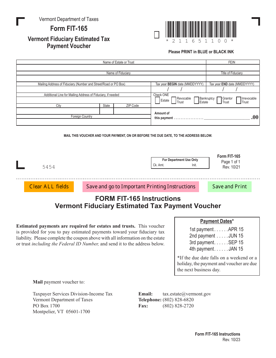 Form FIT-165 Vermont Fiduciary Estimated Tax Payment Voucher - Vermont, Page 1