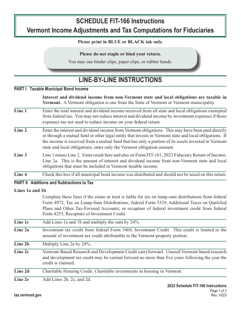 Instructions for Schedule FIT-166 Vermont Income Adjustments and Tax Computations for Fiduciaries - Vermont, 2023