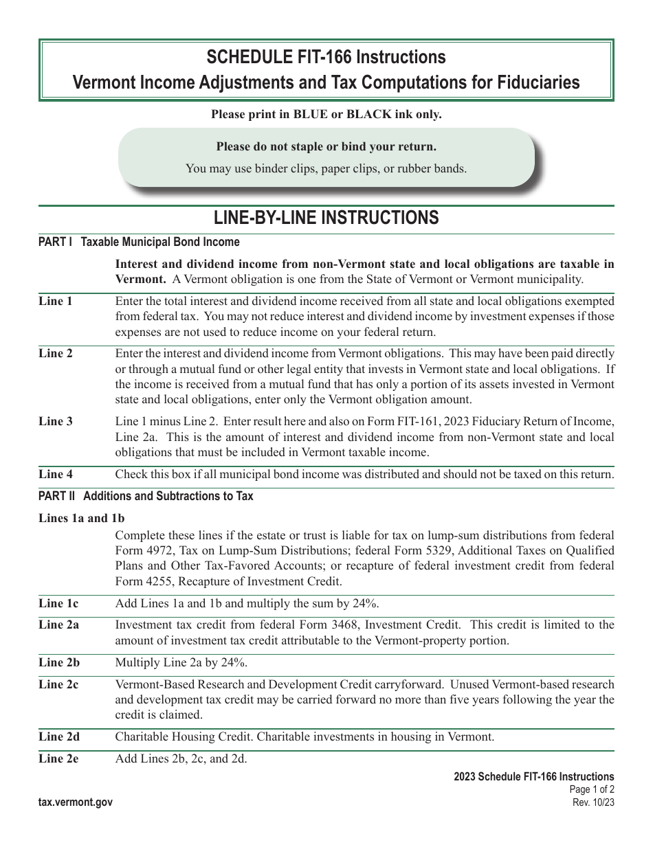 Download Instructions for Schedule FIT166 Vermont Adjustments and Tax Computations for