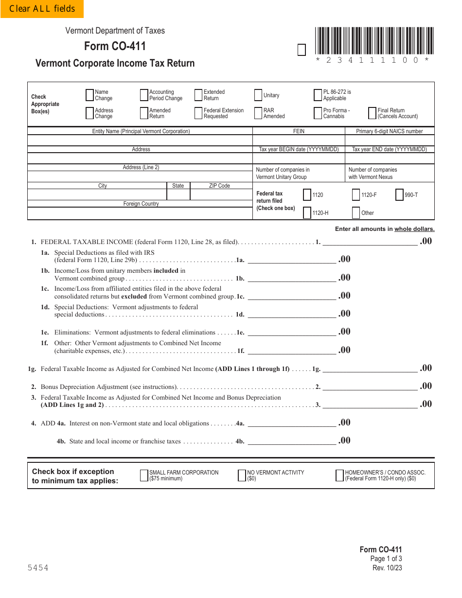 Form CO-411 Vermont Corporate Income Tax Return - Vermont, Page 1