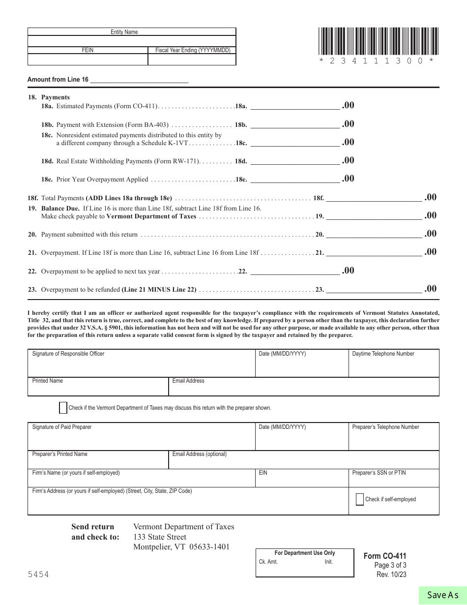 Form CO-411 Vermont Corporate Income Tax Return - Vermont, Page 3