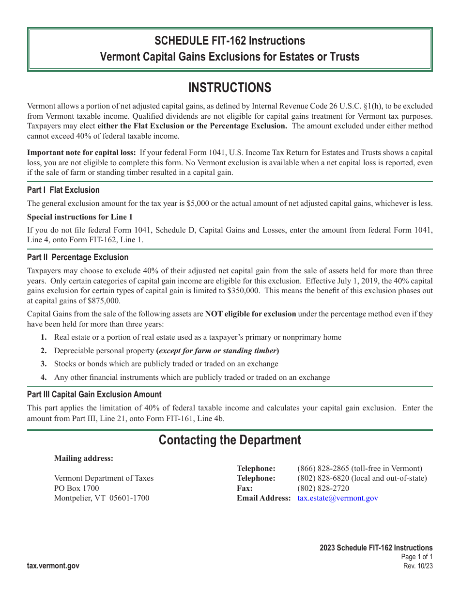 Download Instructions for Schedule FIT162 Capital Gains Exclusion