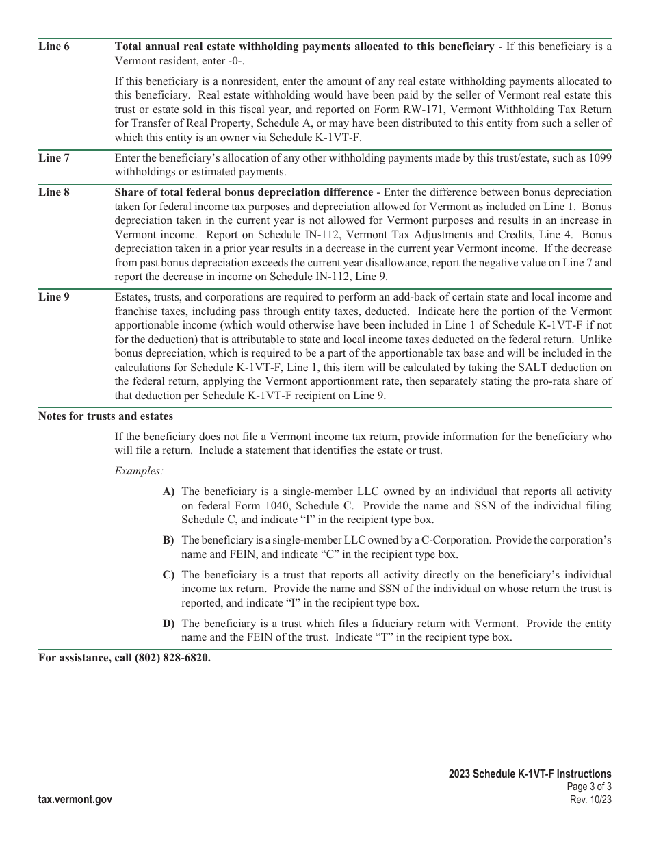 Instructions for Schedule K-1VT-F Vermont Shareholder, Partner, or Member Information - Vermont, Page 3