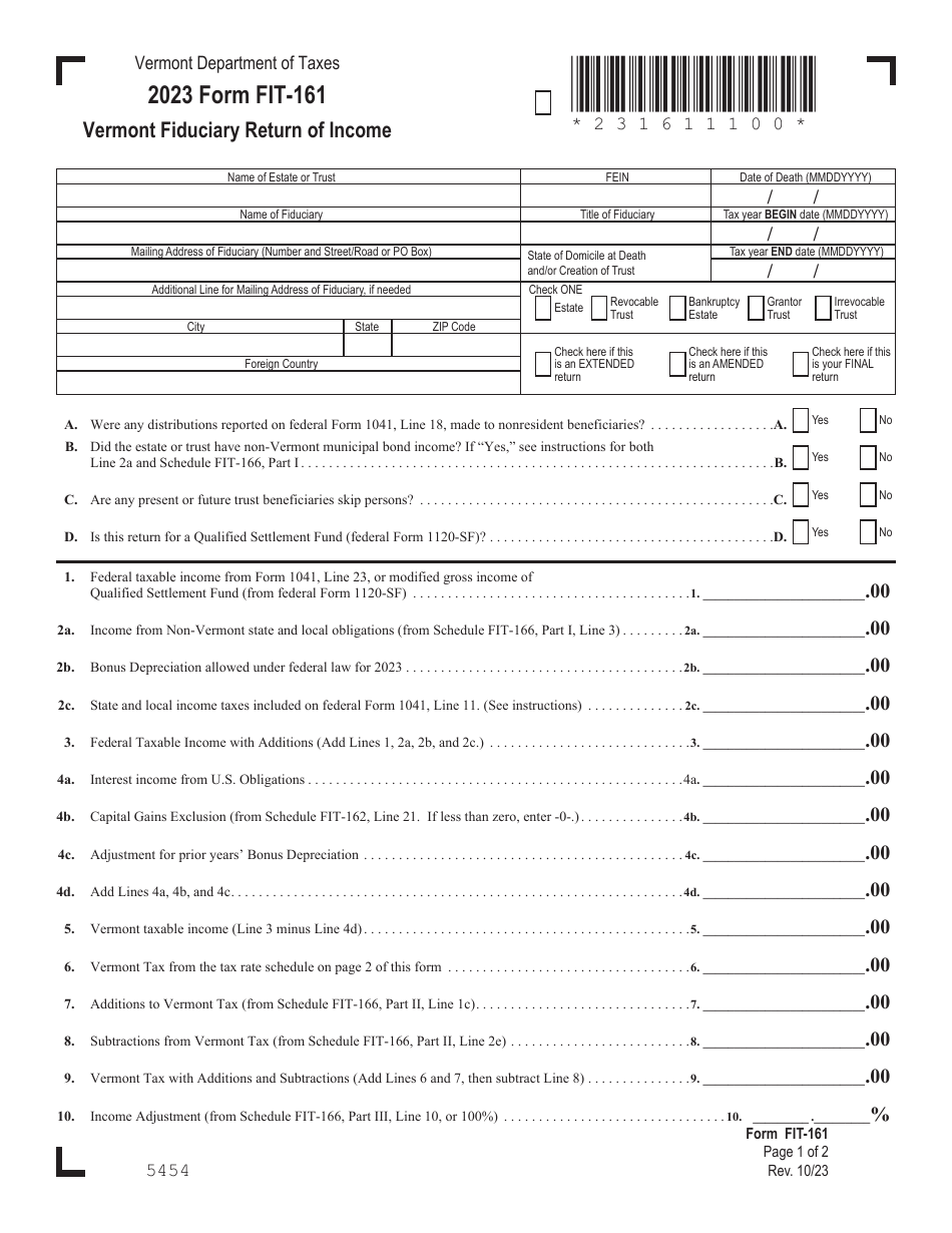 Form FIT-161 Vermont Fiduciary Return of Income - Vermont, Page 1