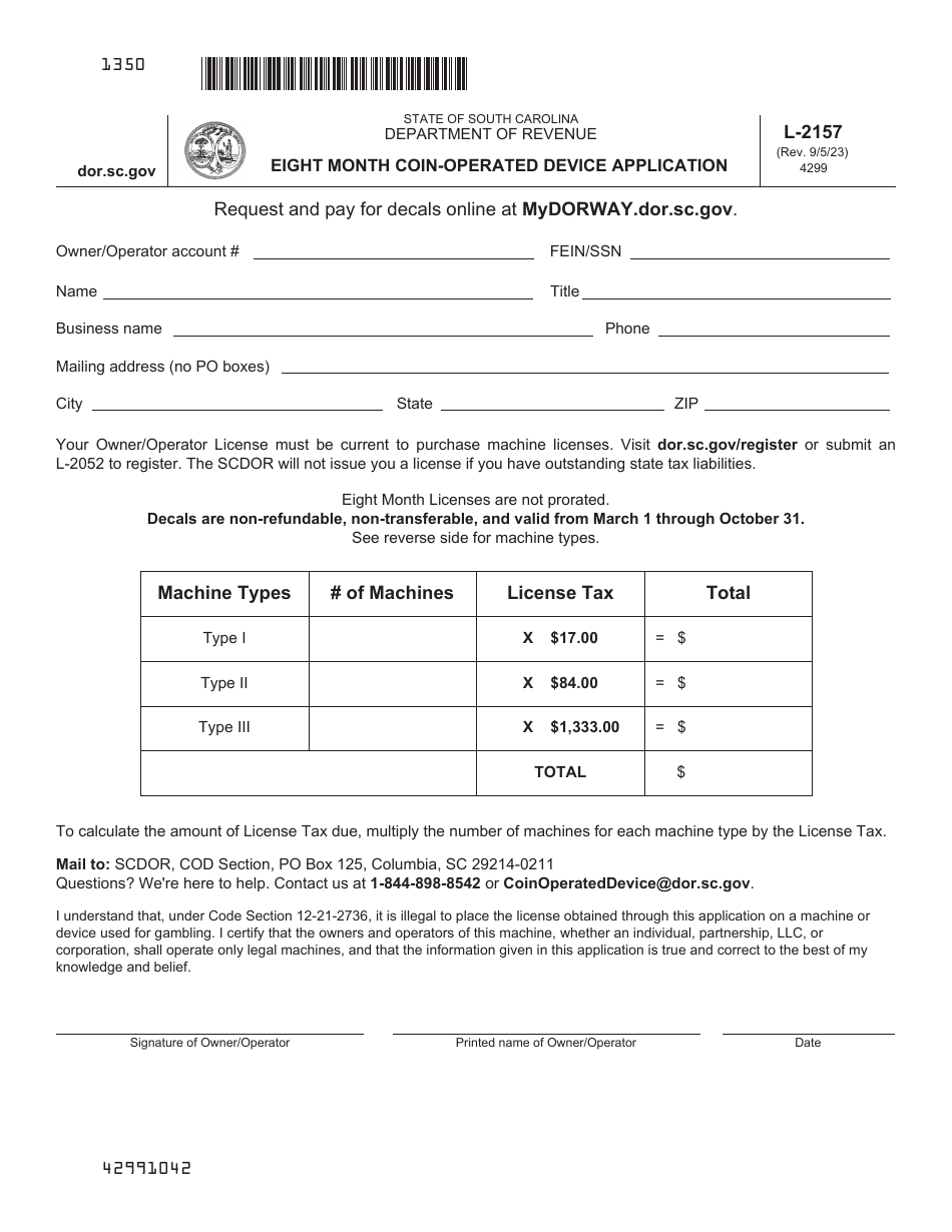 Form L-2157 Eight Month Coin-Operated Device Application - South Carolina, Page 2