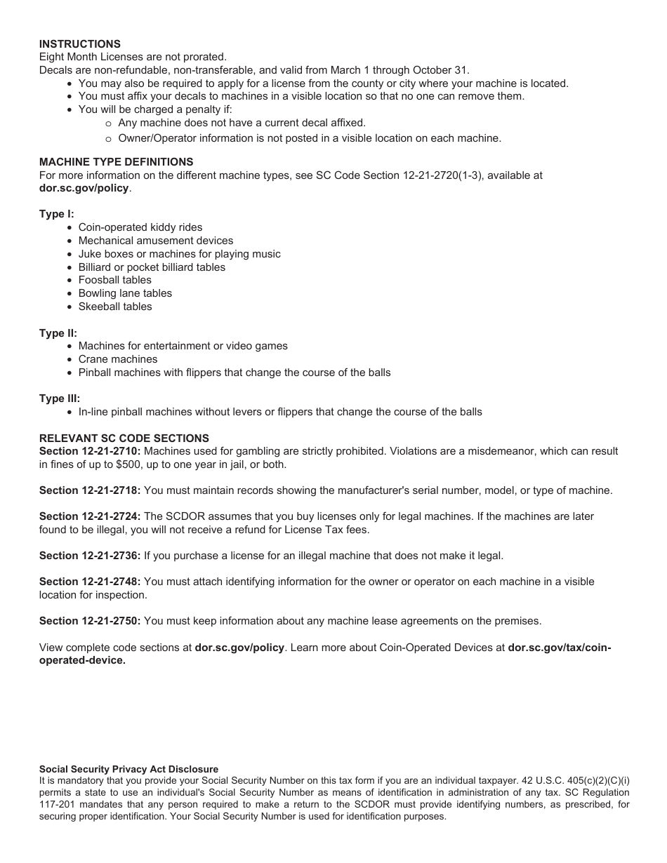 Form L-2157 Eight Month Coin-Operated Device Application - South Carolina, Page 3