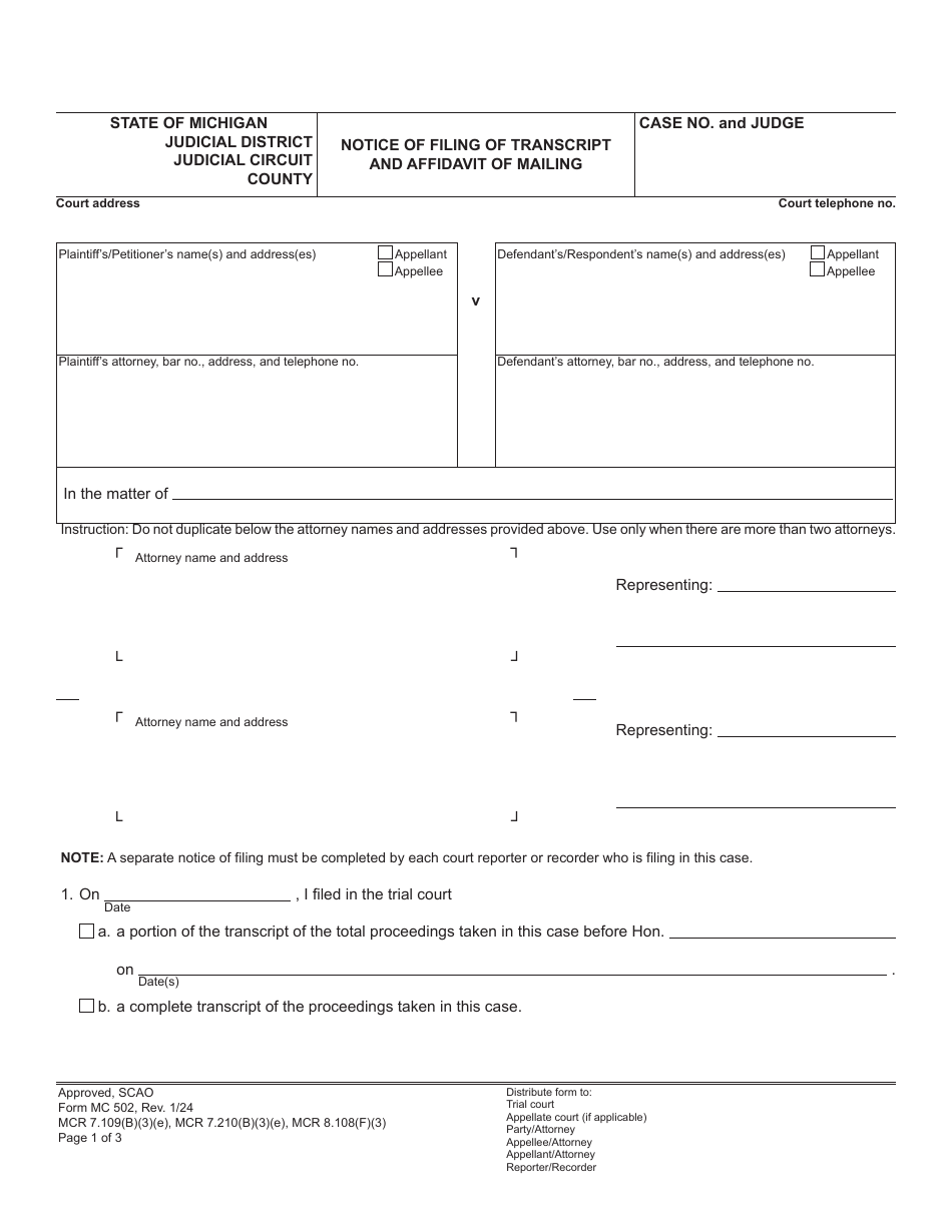 Form MC502 Notice of Filing of Transcript and Affidavit of Mailing - Michigan, Page 1