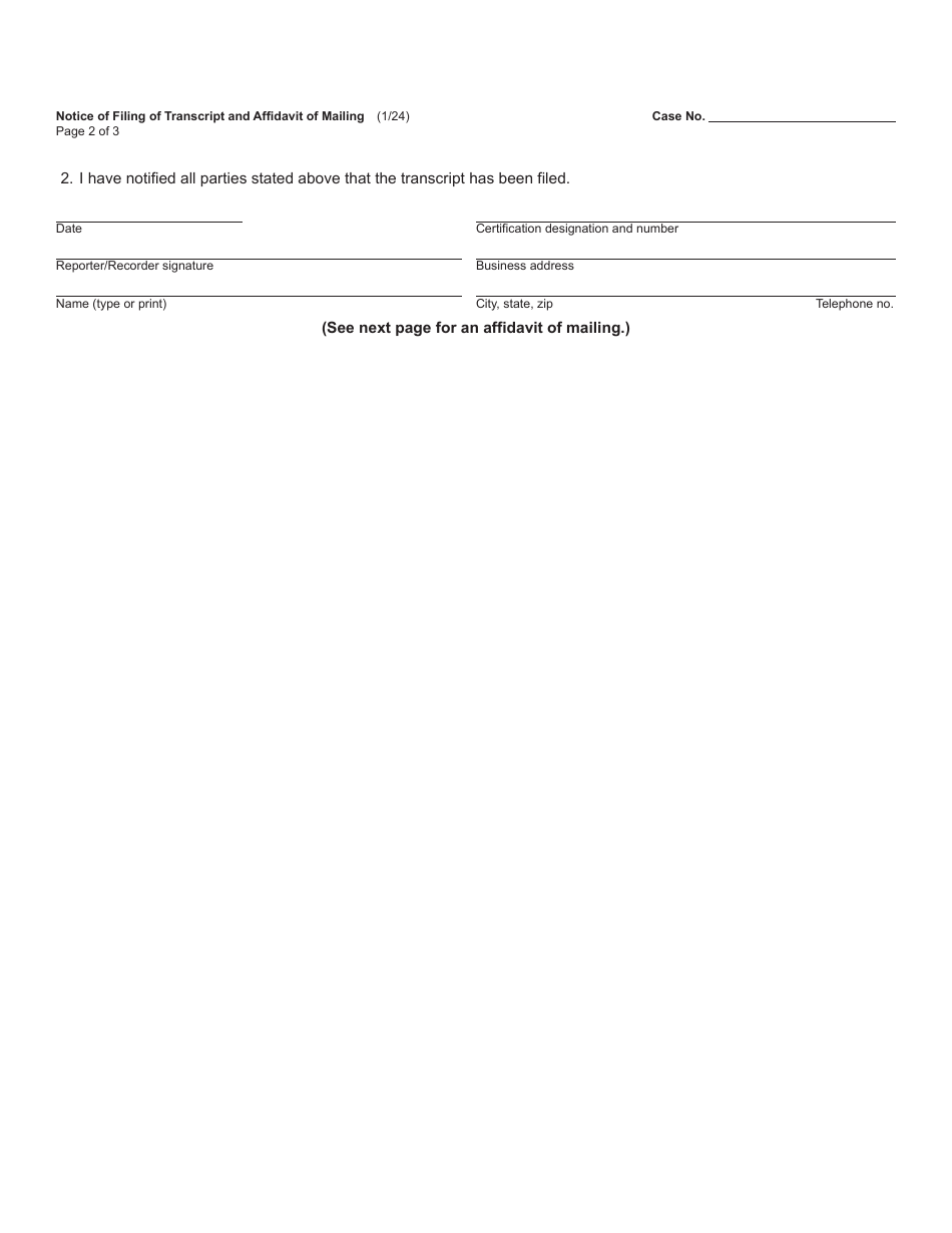Form MC502 Notice of Filing of Transcript and Affidavit of Mailing - Michigan, Page 2