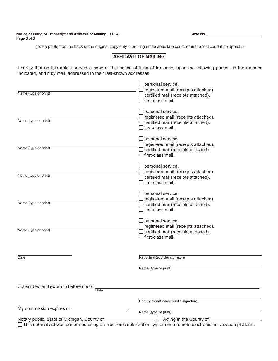 Form MC502 Notice of Filing of Transcript and Affidavit of Mailing - Michigan, Page 3