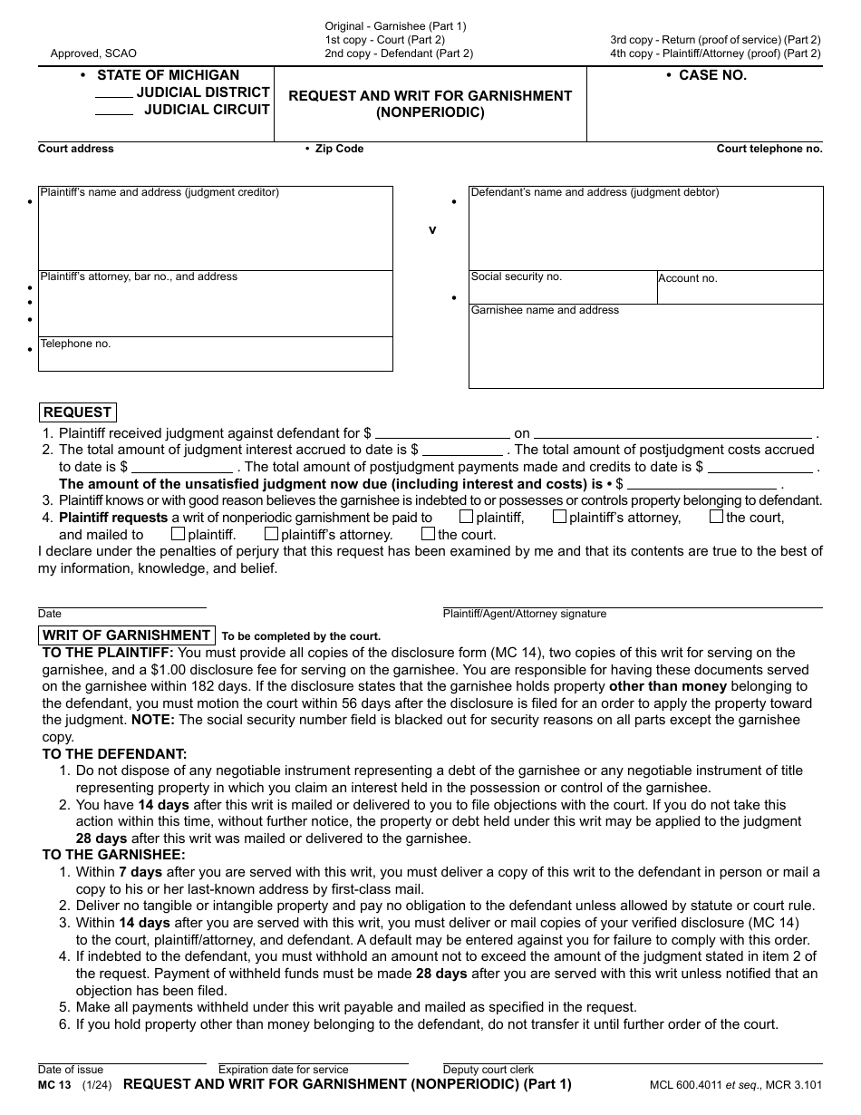 Form MC13 Request and Writ for Garnishment (Nonperiodic) - Michigan, Page 1