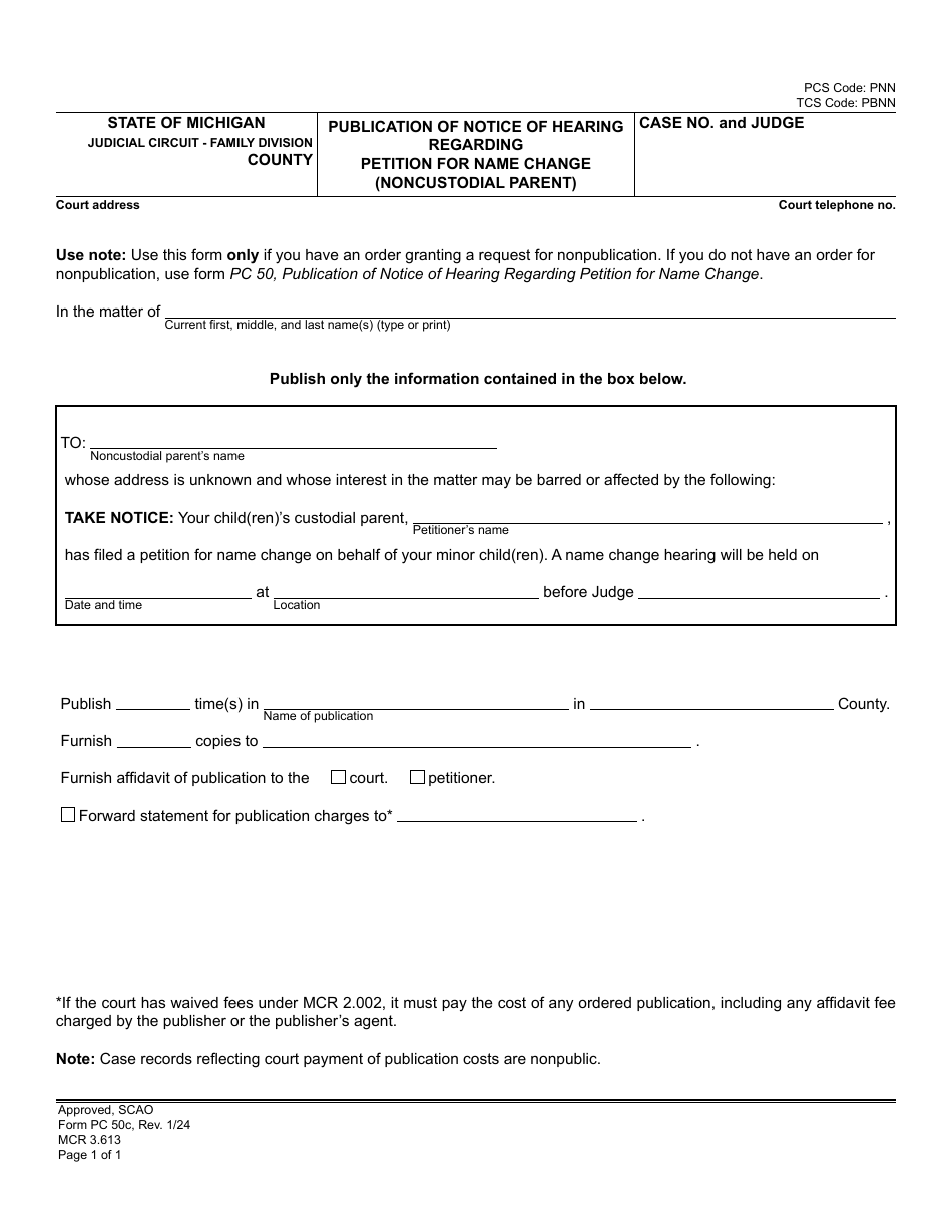 Form PC50C Publication of Notice of Hearing Regarding Petition for Name Change (Noncustodial Parent) - Michigan, Page 1