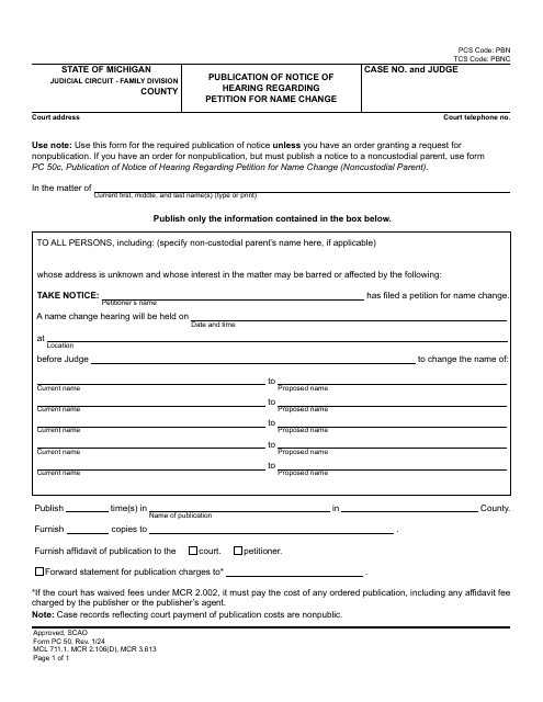 Form PC50 Publication of Notice of Hearing Regarding Petition for Name Change - Michigan