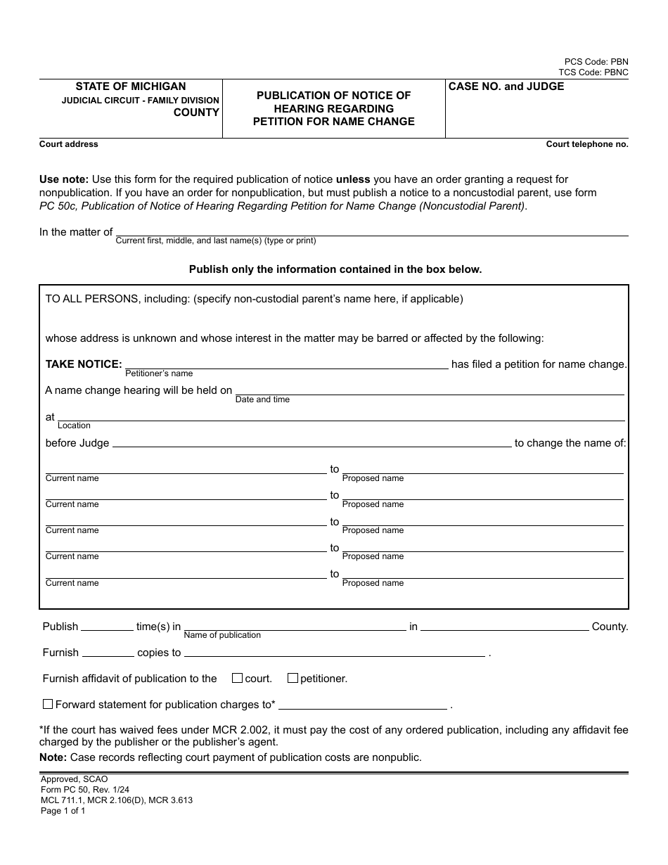 Form PC50 Publication of Notice of Hearing Regarding Petition for Name Change - Michigan, Page 1