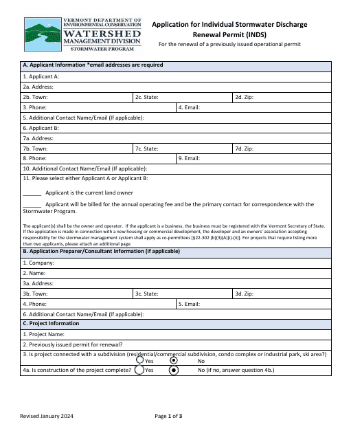 Application for Individual Stormwater Discharge Renewal Permit (Inds) - Vermont Download Pdf