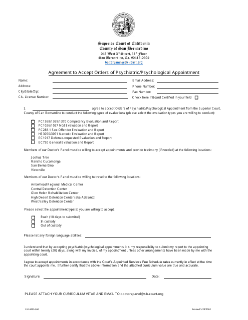 Form 13-14455-360 Agreement to Accept Orders of Psychiatric/Psychological Appointment - County of San Bernardino, California