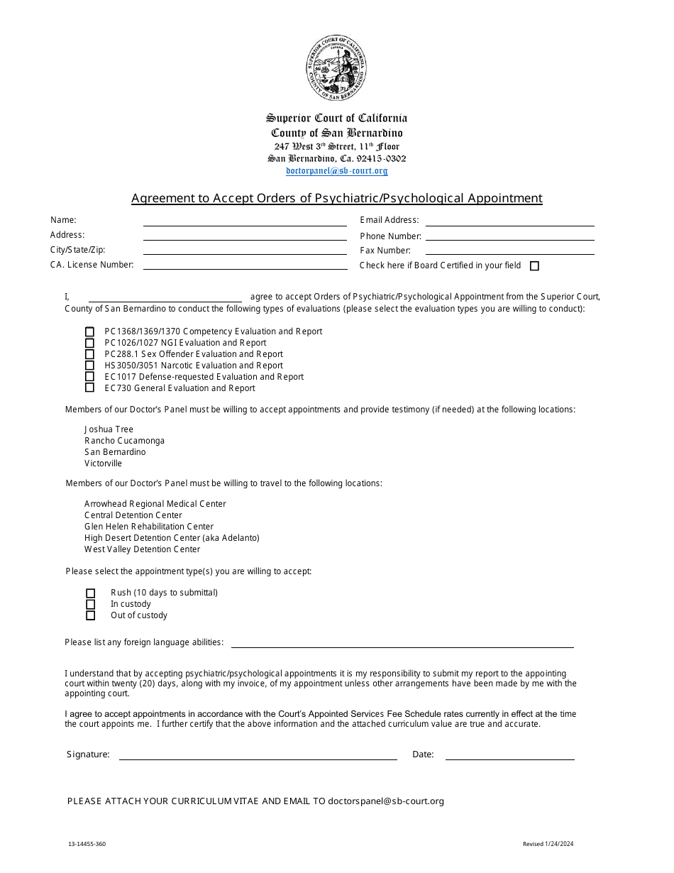 Form 13-14455-360 Agreement to Accept Orders of Psychiatric / Psychological Appointment - County of San Bernardino, California, Page 1