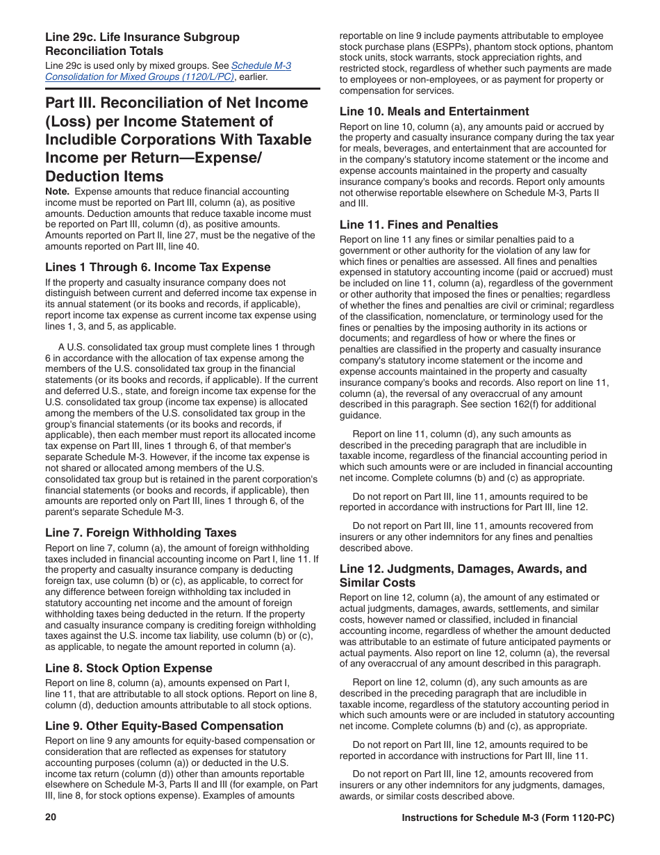 Instructions for IRS Form 1120-PC Schedule M-3 Net Income (Loss) Reconciliation for U.S. Property and Casualty Insurance Companies With Total Assets of $10 Million or More, Page 20