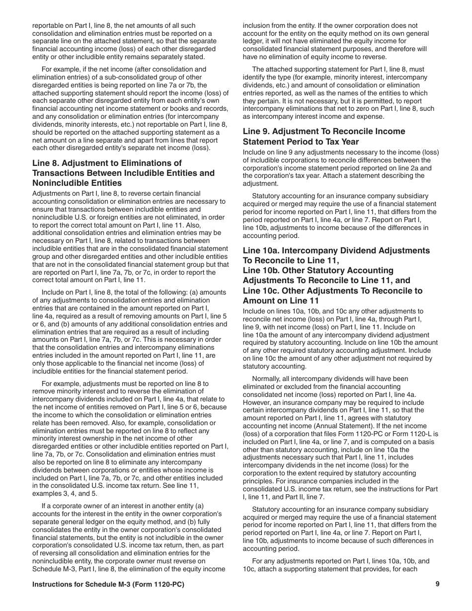 Instructions for IRS Form 1120-PC Schedule M-3 Net Income (Loss) Reconciliation for U.S. Property and Casualty Insurance Companies With Total Assets of $10 Million or More, Page 9