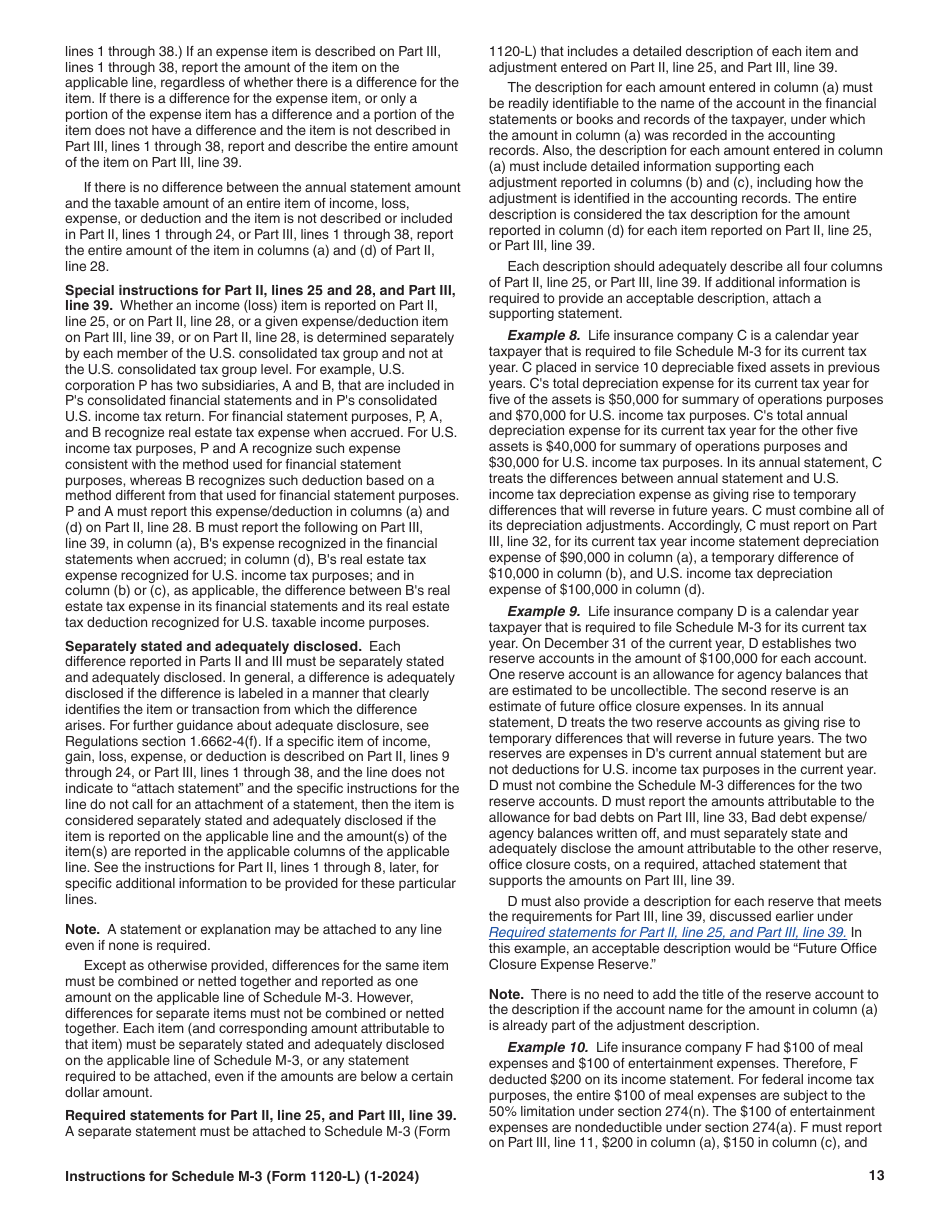 Instructions for IRS Form 1120-L Schedule M-3 Net Income (Loss) Reconciliation for U.S. Life Insurance Companies With Total Assets of $10 Million or More, Page 13