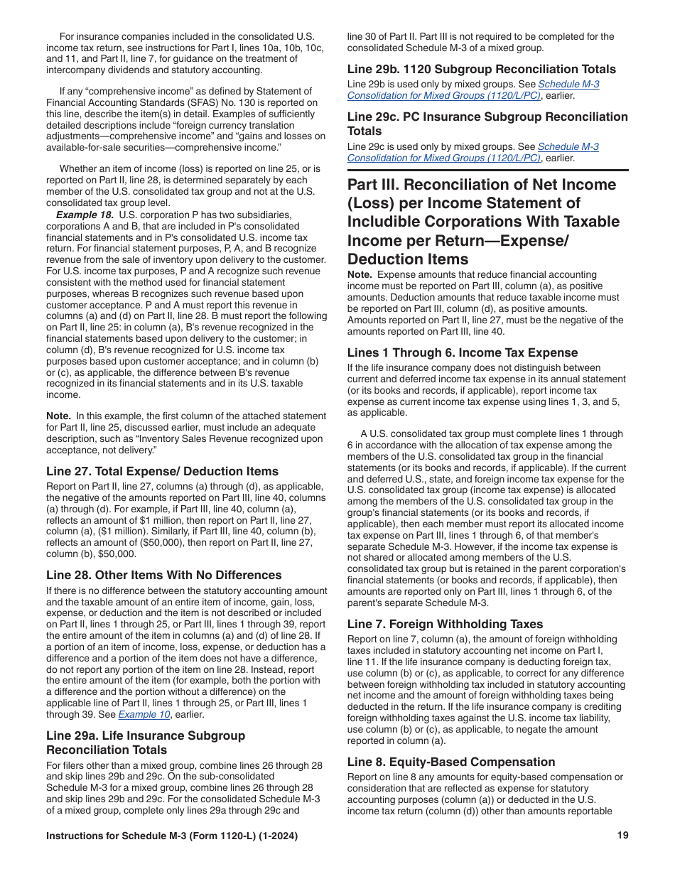 Instructions for IRS Form 1120-L Schedule M-3 Net Income (Loss) Reconciliation for U.S. Life Insurance Companies With Total Assets of $10 Million or More, Page 19