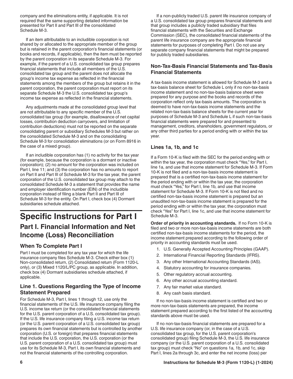 Instructions for IRS Form 1120-L Schedule M-3 Net Income (Loss) Reconciliation for U.S. Life Insurance Companies With Total Assets of $10 Million or More, Page 6