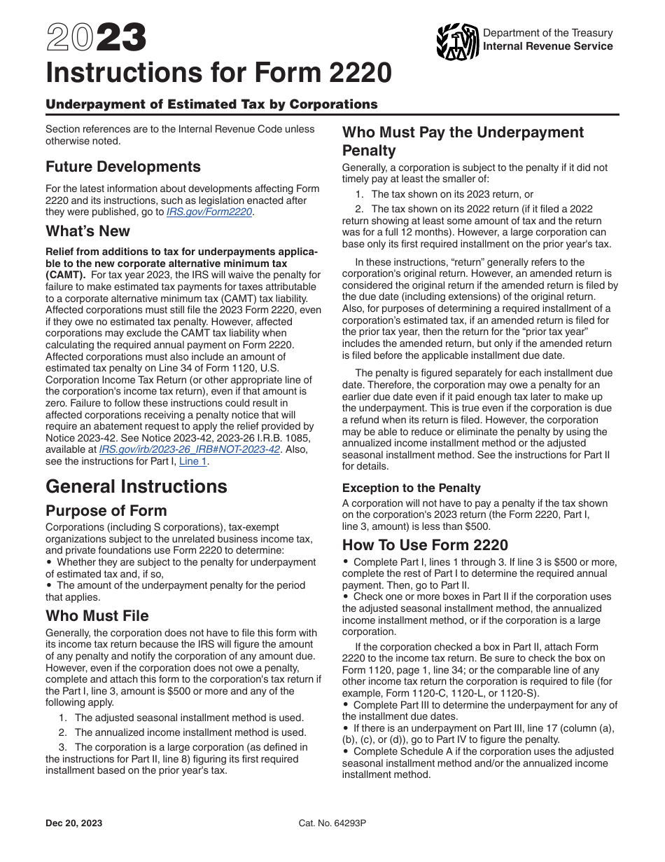 Instructions for IRS Form 2220 Underpayment of Estimated Tax by Corporation, Page 1