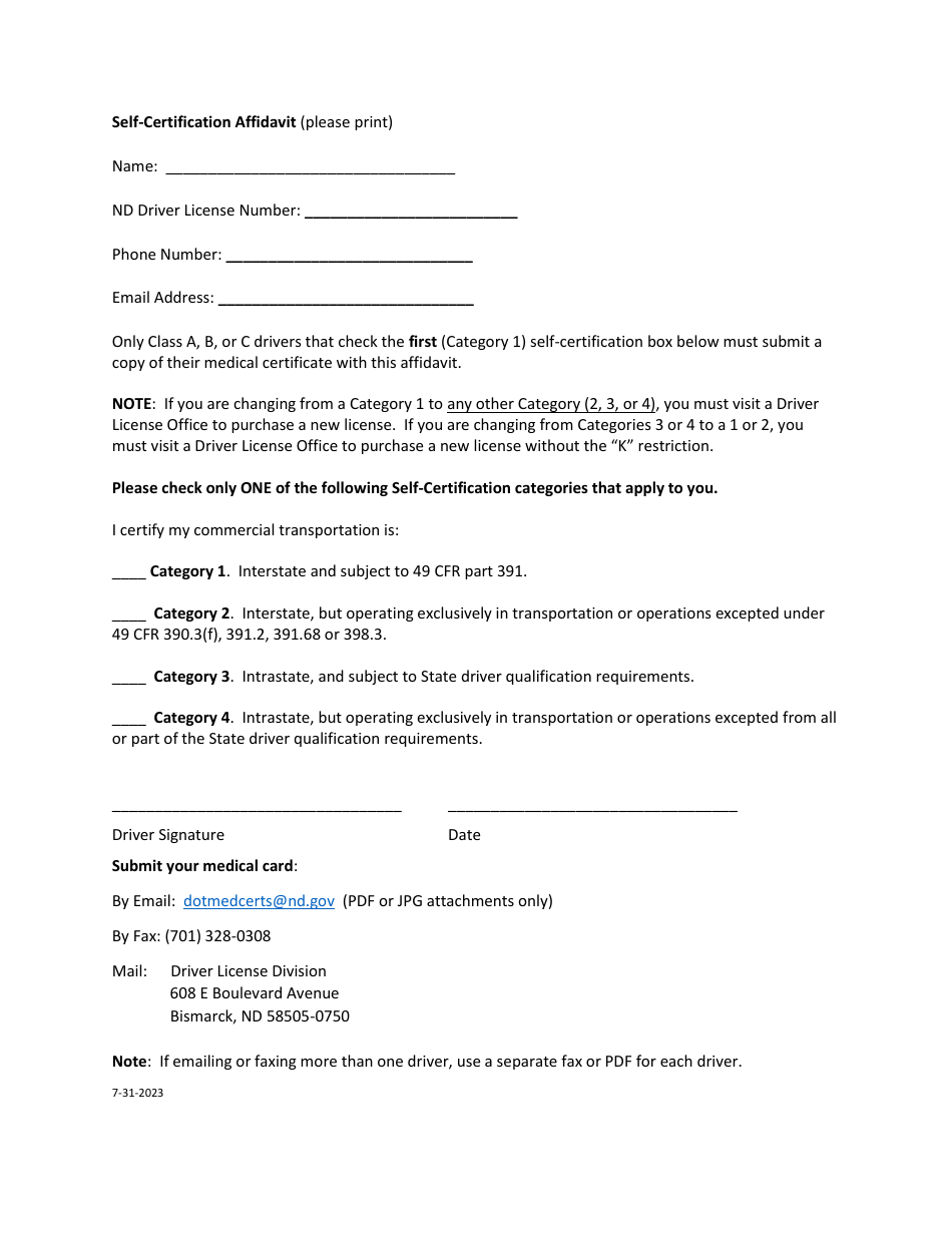 North Dakota Self certification Affidavit Fill Out Sign Online and