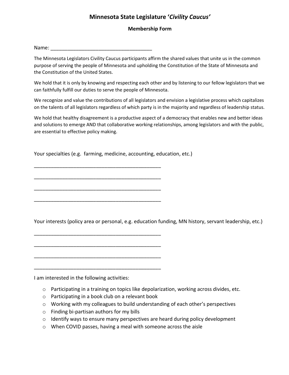 Minnesota State Legislature Civility Caucus Membership Form - Minnesota, Page 1