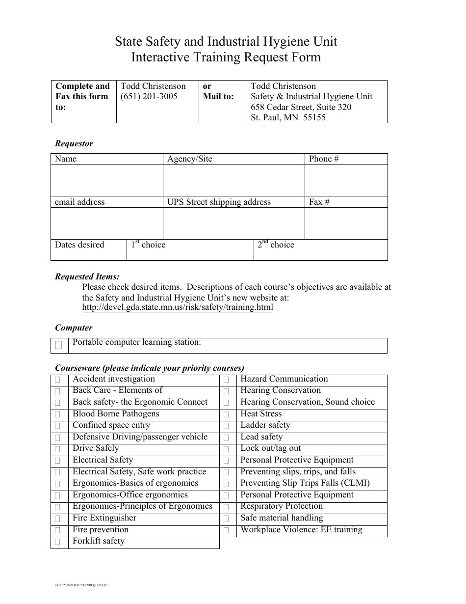 State Safety and Industrial Hygiene Unit Interactive Training Request Form - Minnesota, Page 1