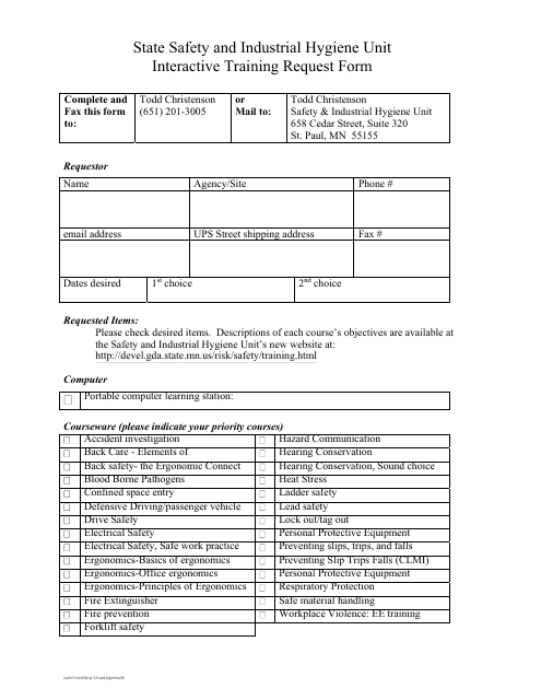 State Safety and Industrial Hygiene Unit Interactive Training Request Form - Minnesota