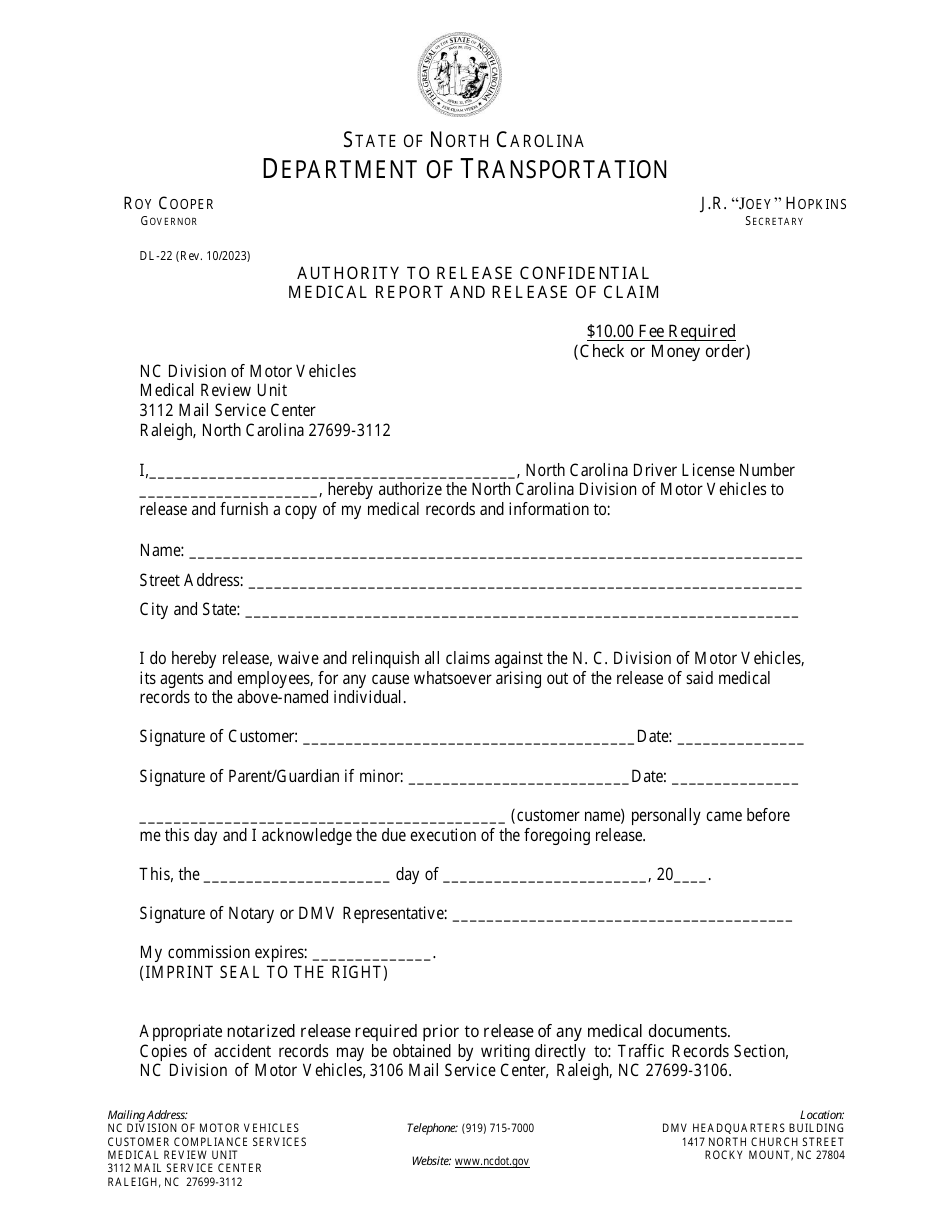 Form DL-22 Authority to Release Confidential Medical Report and Release of Claim - North Carolina, Page 1