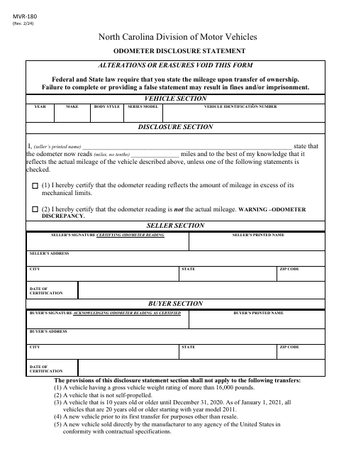 Form MVR-180 Odometer Disclosure Statement - North Carolina