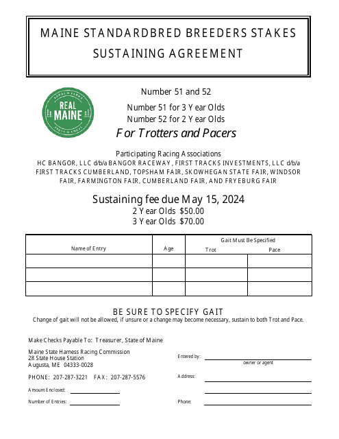 Maine Standardbred Breeders Stakes Sustaining Agreement - Number 51 and 52 - Maine, 2024